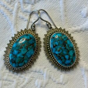Vintage Sterling Silver Turquoise Copper Matrix Oval Drop Earrings Southwestern